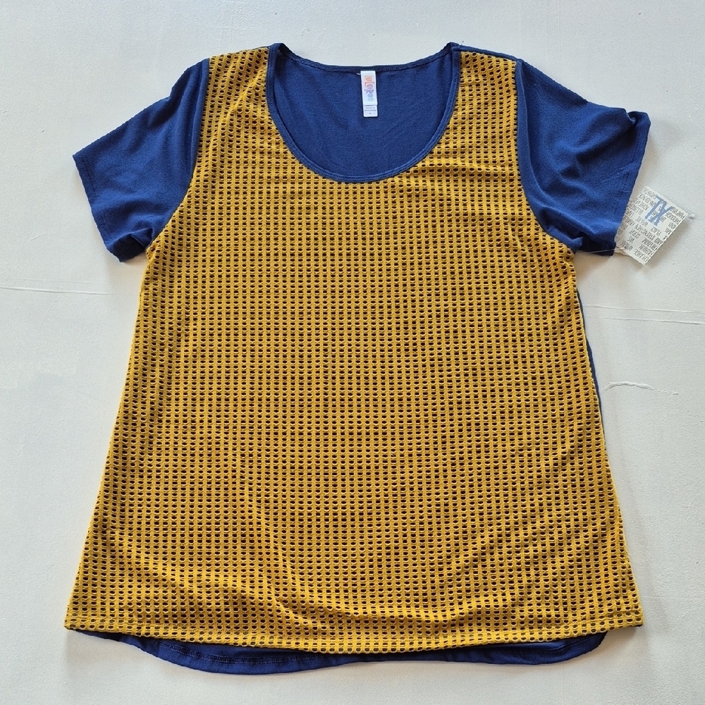 Women's Short Sleeve Layered Knit Top - Navy & Mustard